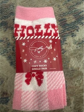 Dolly Parton Cozy Pink and White Holiday Socks with Red Accents, Single Pair, 98